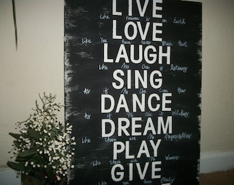 Subway art wood sign, typography wall art, live love laugh sing dance dream play give smile, inspirational sign