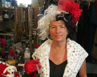 spotty dog dalmation fancy dress wig gloves boa shawl cig holder set evil witch