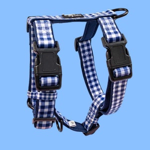Step in H-Harness with front & back attachment | Navy Gingham | Fully Padded Neoprene Harness