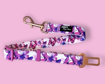 Dog Car Seatbelt | Dog Car Restraint Tether | Candy Sky Butterfly - Pink Butterflies