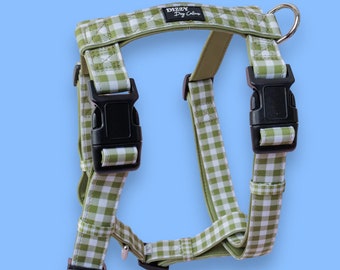 Step in H Harness with front and back attachment | Olive Gingham | Fully Padded Canvas & Neoprene Harness