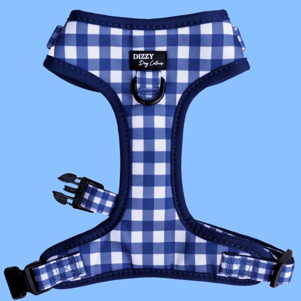 DOG HARNESS | Navy Gingham | Neck Adjustable Dog Harness | Canvas and Neoprene