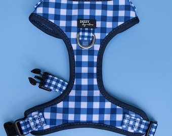 DOG HARNESS | Navy Gingham | Neck Adjustable Dog Harness | Canvas and Neoprene