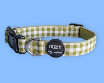 Olijfkleurige halsband met gingham | Hondenhalsband van canvas en neopreen