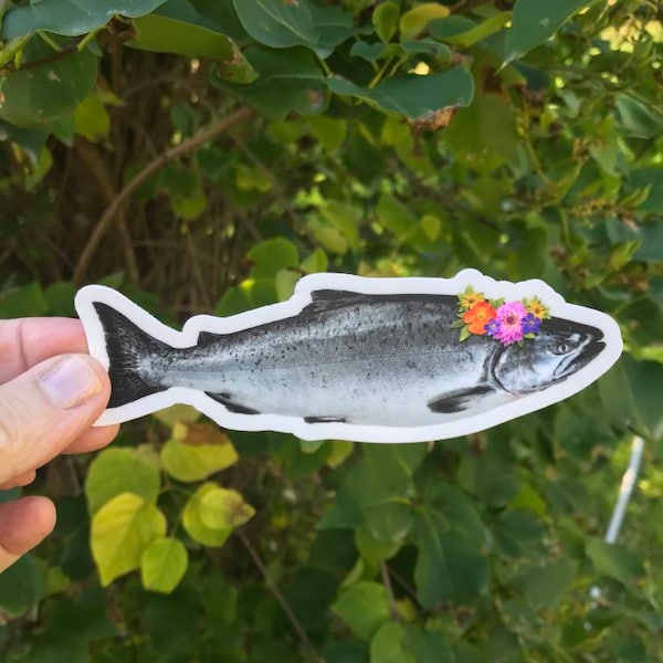 Salmon with floral crown vinyl sticker