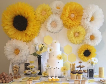 Baby shower decor, wedding flowers, yellow, white and sunflower and daisy paper flower set, birthday party decorations