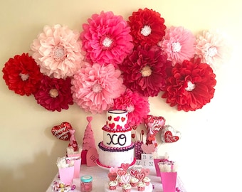 Valentine’s Day decorations, 11 tissue paper flowers, Valentine’s Day red and pink party decor, valentines storefront retail window decor