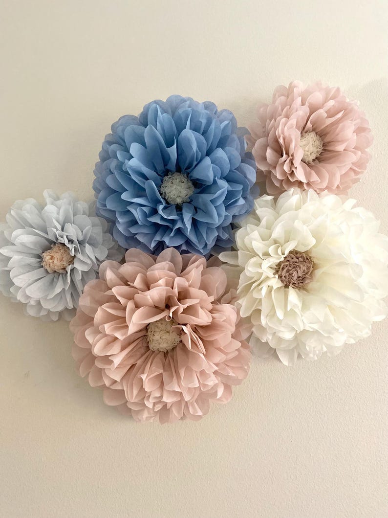 Pink Tissue Paper Ruffeled Rose Pink and Dusty Blue Pastel Tissue Paper Flowers, 1st Birthday ...