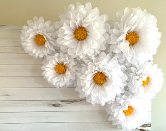 Giant paper flower daisies for Mother’s Day brunch, baby showers, rustic daisy wedding decor and daisy birthday party decoration