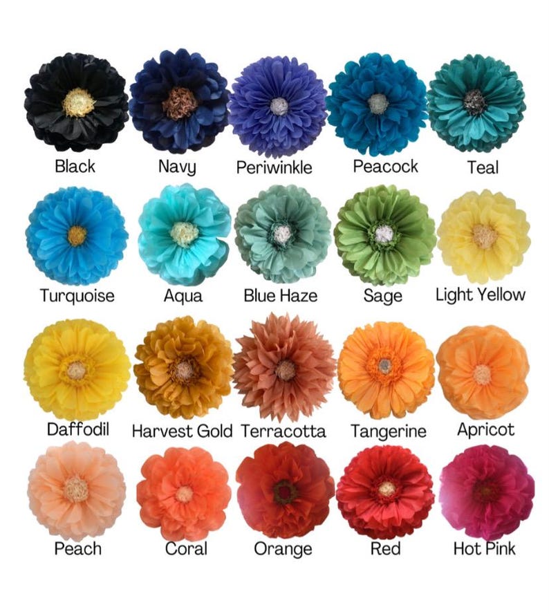 May include: A collection of colorful fabric flowers in various shades, including black, navy, periwinkle, and teal. Each flower has a detailed center and is labeled with its color name, such as "Turquoise," "Apricot," and "Red."