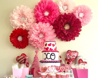 Valentine’s Day decorations, Valentine’s Day tissue paper flowers, red and pink party decor, valentines storefront retail window decor