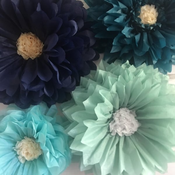 Choose your own blue paper flower backdrop for parties, baby or bridal showers, weddings, corporate events and photo props