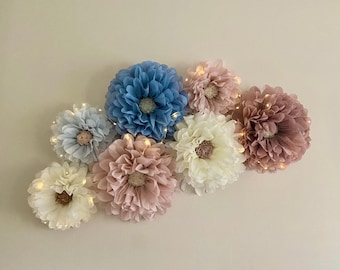 Blue and pink boho tissue paper flower wall for nursery decor, girls boho room decor, kids boho playroom decor, boho wall decor