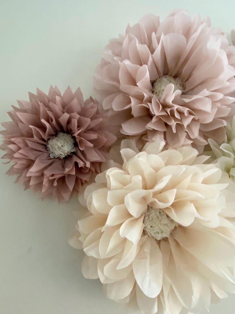 May include: Three large paper flowers in shades of pink and cream. The flowers are made of tissue paper and have a layered, ruffled appearance.