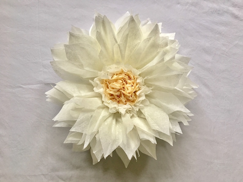 May include: A large, handmade paper flower with layered petals. The flower is primarily off-white with a center of light orange paper. The petals are arranged in a circular pattern, creating a full, dimensional look. The flower is likely used for decoration.
