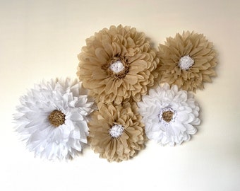 Earth tones tissue paper flower neutral home decor, kraft and white wall art