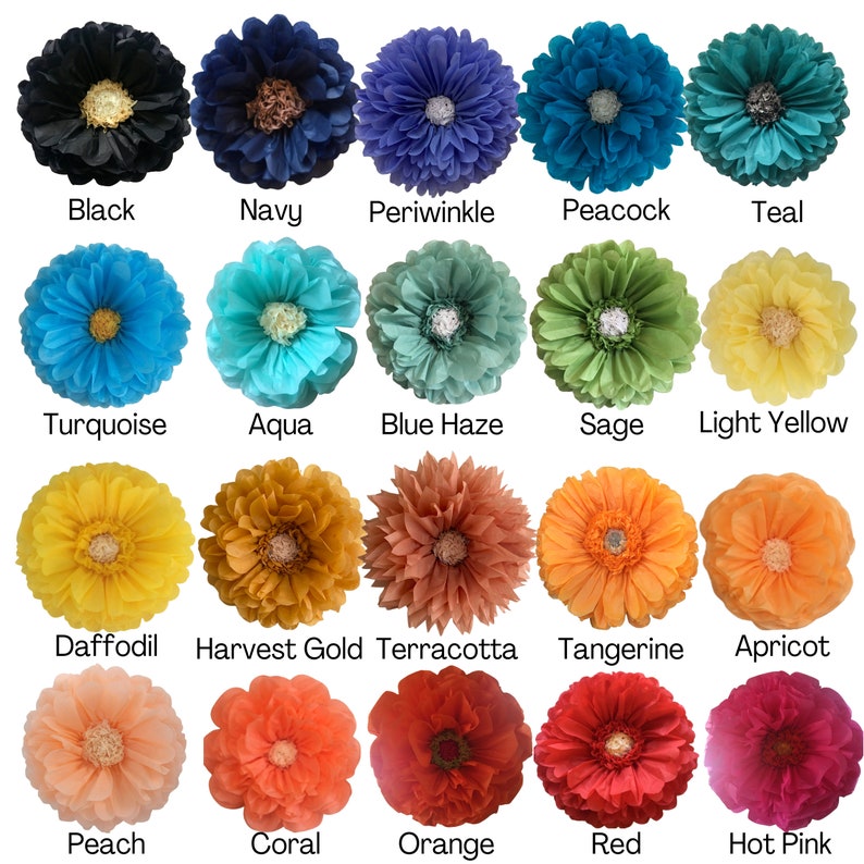 May include: A chart of 18 tissue paper flowers in various colours, including black, navy, periwinkle, peacock, teal, turquoise, aqua, blue haze, sage, light yellow, daffodil, harvest gold, terracotta, tangerine, apricot, peach, coral, orange, red, and hot pink.