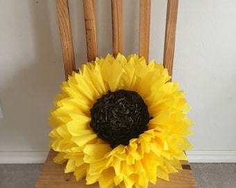 Large 20” paper sunflower with an espresso center for sunflower themed parties, rustic wedding decor and home decor.