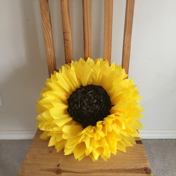 Large 20” paper sunflower with an espresso center for sunflower themed parties, rustic wedding decor and home decor.