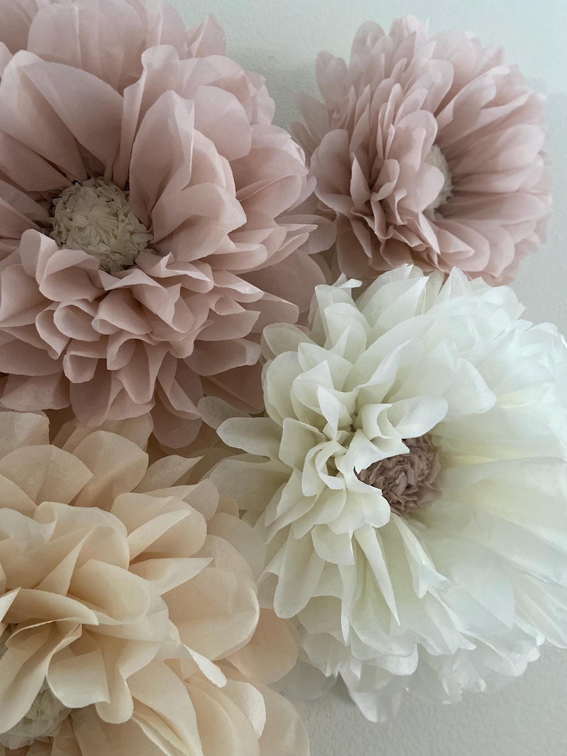 May include: A collection of tissue paper flowers in shades of pink and cream. The flowers are arranged on a white wall.
