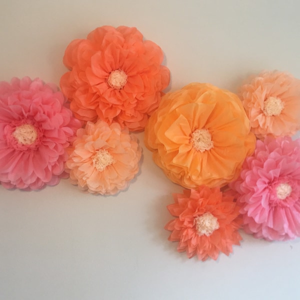 Coral, pink and peach tissue paper flowers for weddings, Mother’s Day brunch decor, bridal shower decor, baby showers and birthday parties