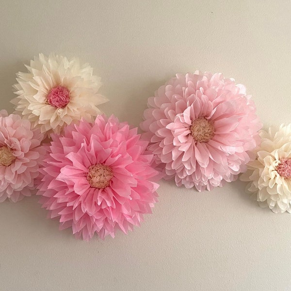 Blush, pink and cream tissue paper flowers for girls nursery decor, home office and bedroom decor