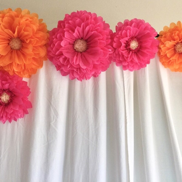 Orange and pink paper flower backdrop for Mother’s Day brunch, bridal showers, wedding decor, baby showers and photo backdrops