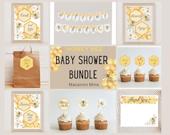 Paquete de decoración para baby shower con diseño de abejas, abejorros y abejorros amarillos (descarga instantánea) en PDF imprimibles.