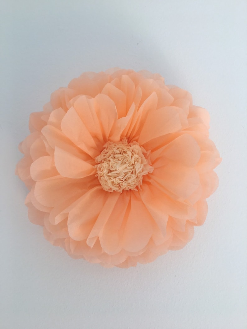 Puede incluir: Una gran flor de papel de color melocot&oacute;n con m&uacute;ltiples capas de p&eacute;talos. El centro de la flor es de un color beige m&aacute;s claro, creando un contraste. La flor es probablemente hecha a mano y adecuada para la decoraci&oacute;n.