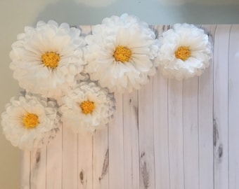 Giant paper flower daisy backdrop for rustic wedding decor, baby showers and photo backdrops