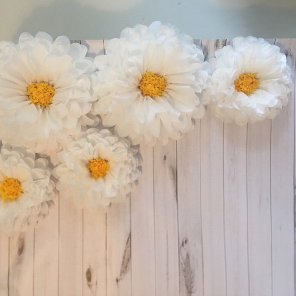 Giant paper flower daisy backdrop for rustic wedding decor, baby showers and photo backdrops