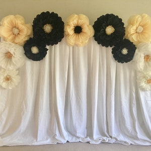 Black and white tissue paper flower arch backdrop for party decor, wedding receptions, bridal showers or event backdrops