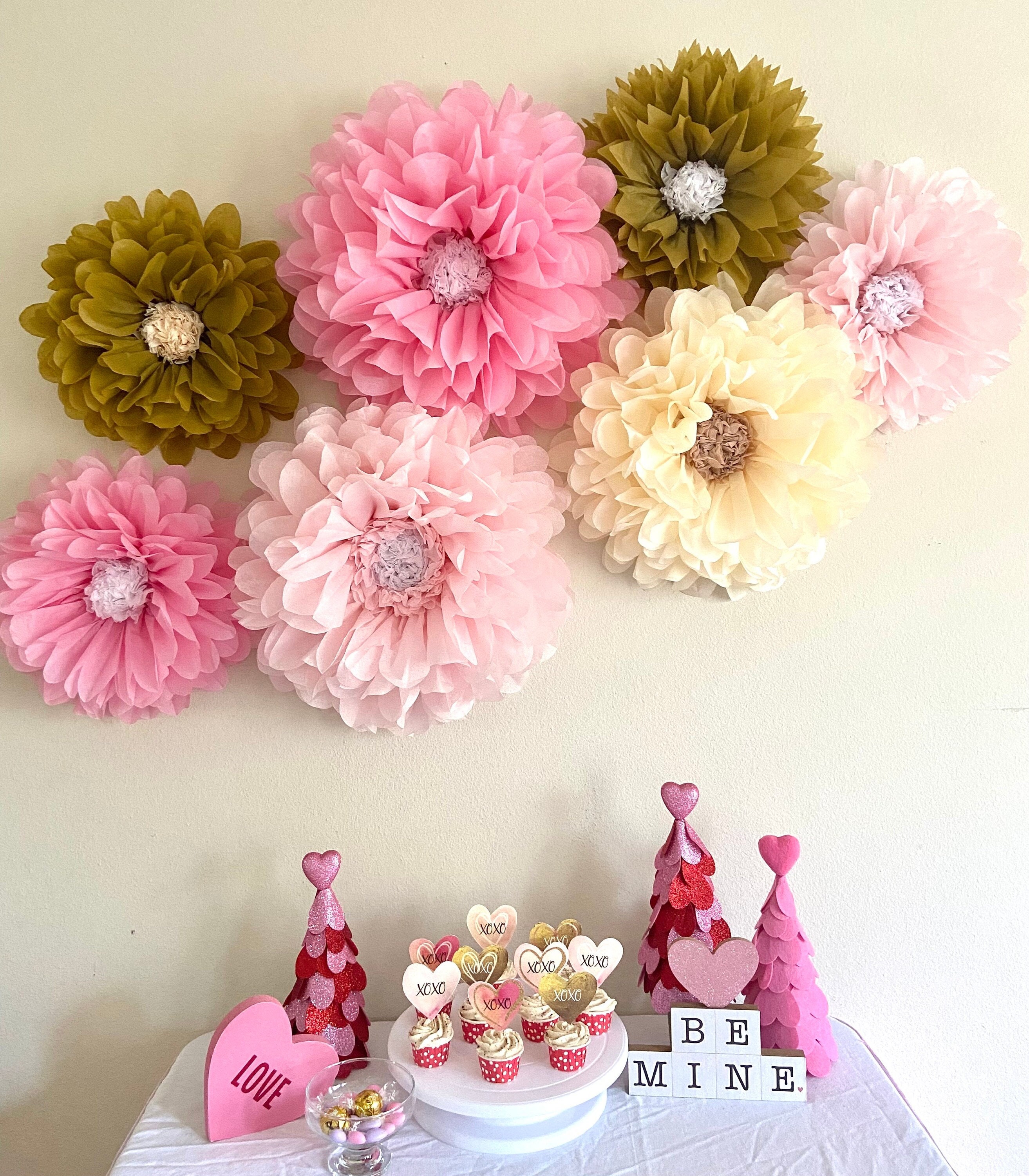 Pink, blush and gold tissue paper flowers for Valentines Day party decor, school classroom valentines decor