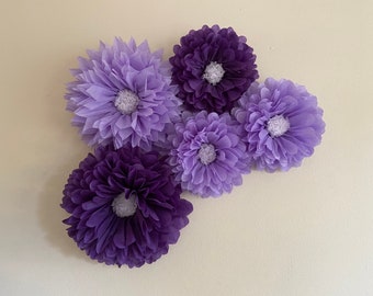 Purple paper flower set of five, for wedding flowers, party decorations and baby shower decor