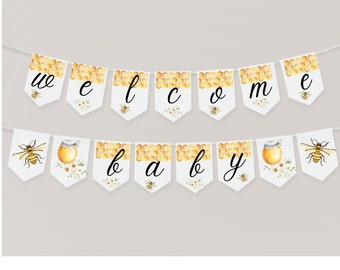Banderines imprimibles de bienvenida para baby showers, banderines para baby showers, baby showers con abejorros, decoración amarilla para baby showers.