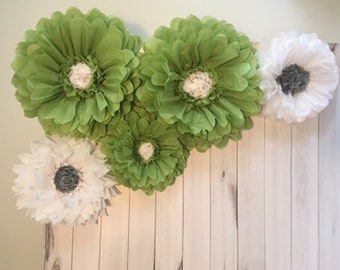 Giant sage and white flower backdrop for bridal and baby showers, nursery decor and event decor