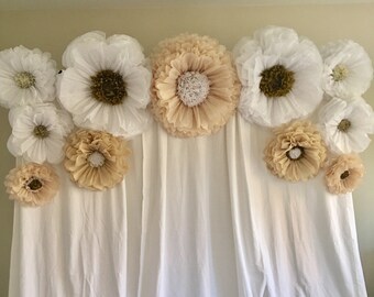 Champagne and white paper flower backdrop, perfect for weddings, corporate events and event decor