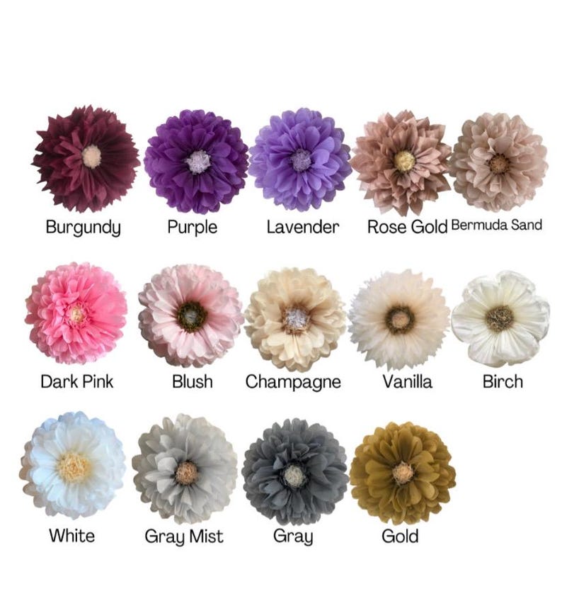 May include: A collection of artificial flowers in various colors, including burgundy, purple, and lavender. Each flower has a central disc and is labeled with its color name: Burgundy, Purple, Lavender, Rose Gold Bermuda Sand, Dark Pink, Blush, Champagne, Vanilla, Birch, White, Gray Mist, Gray, and Gold.