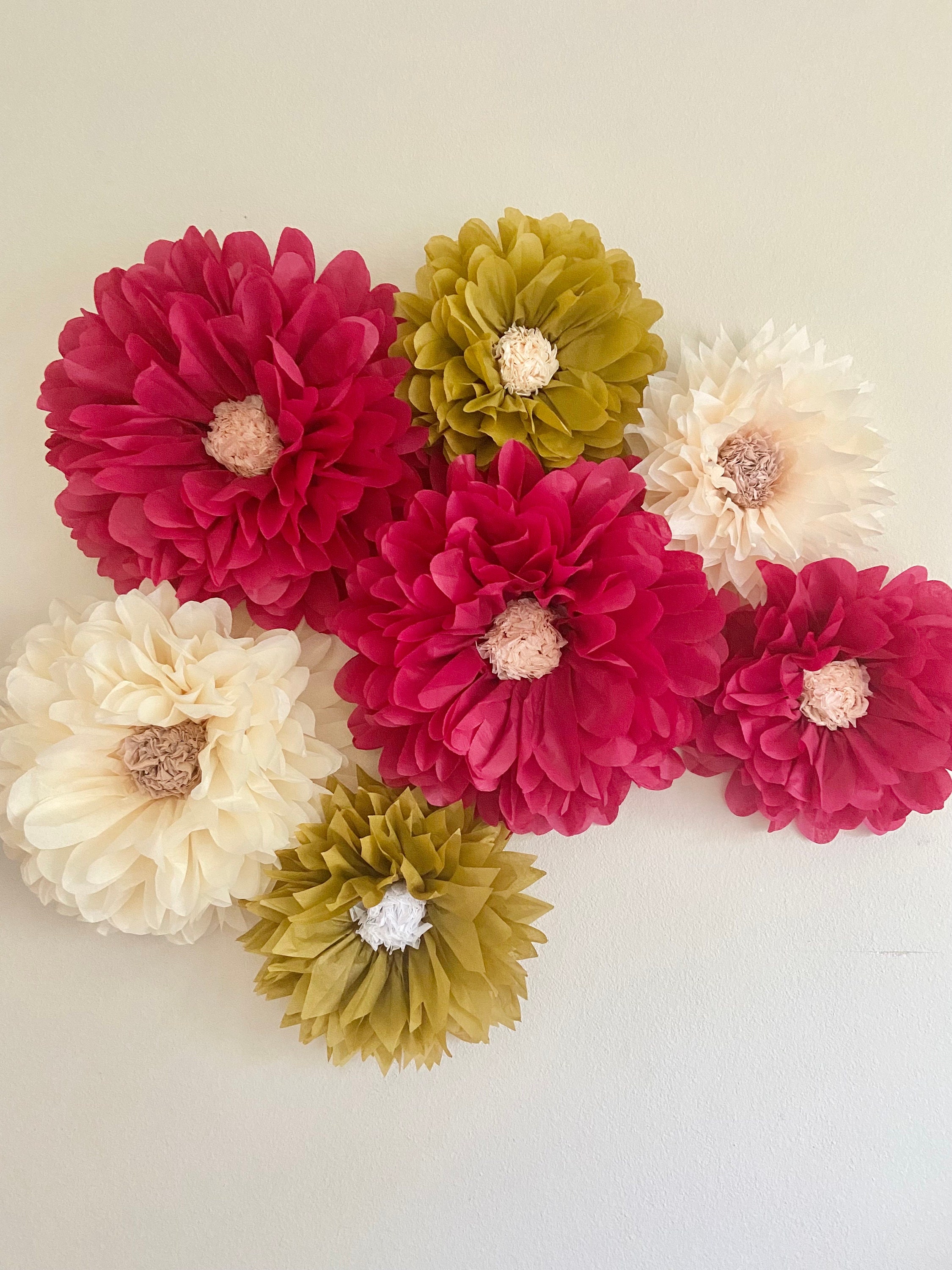 Cranberry, Ivory and Gold Tissue Paper Flower Set of 7, Berry