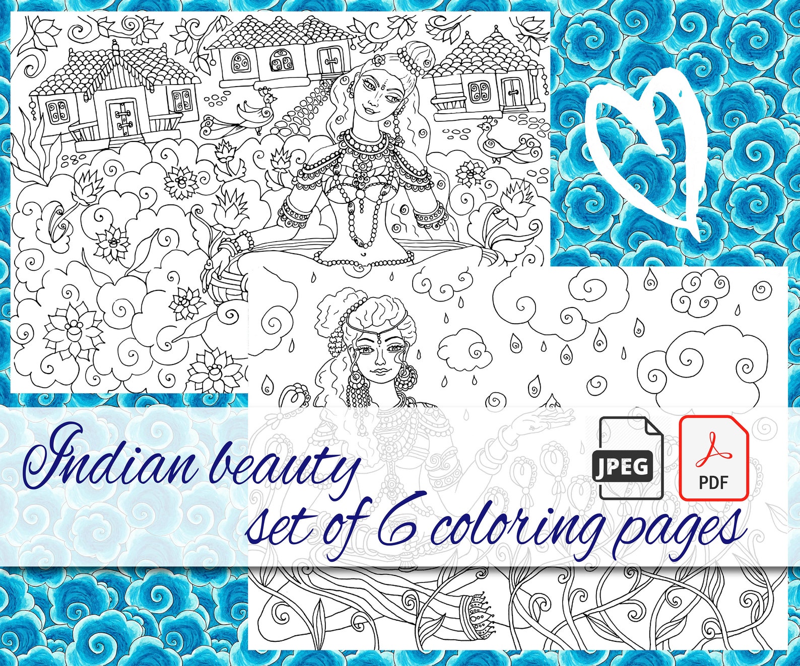 Adult coloring book pages set Indian women in traditional | Etsy