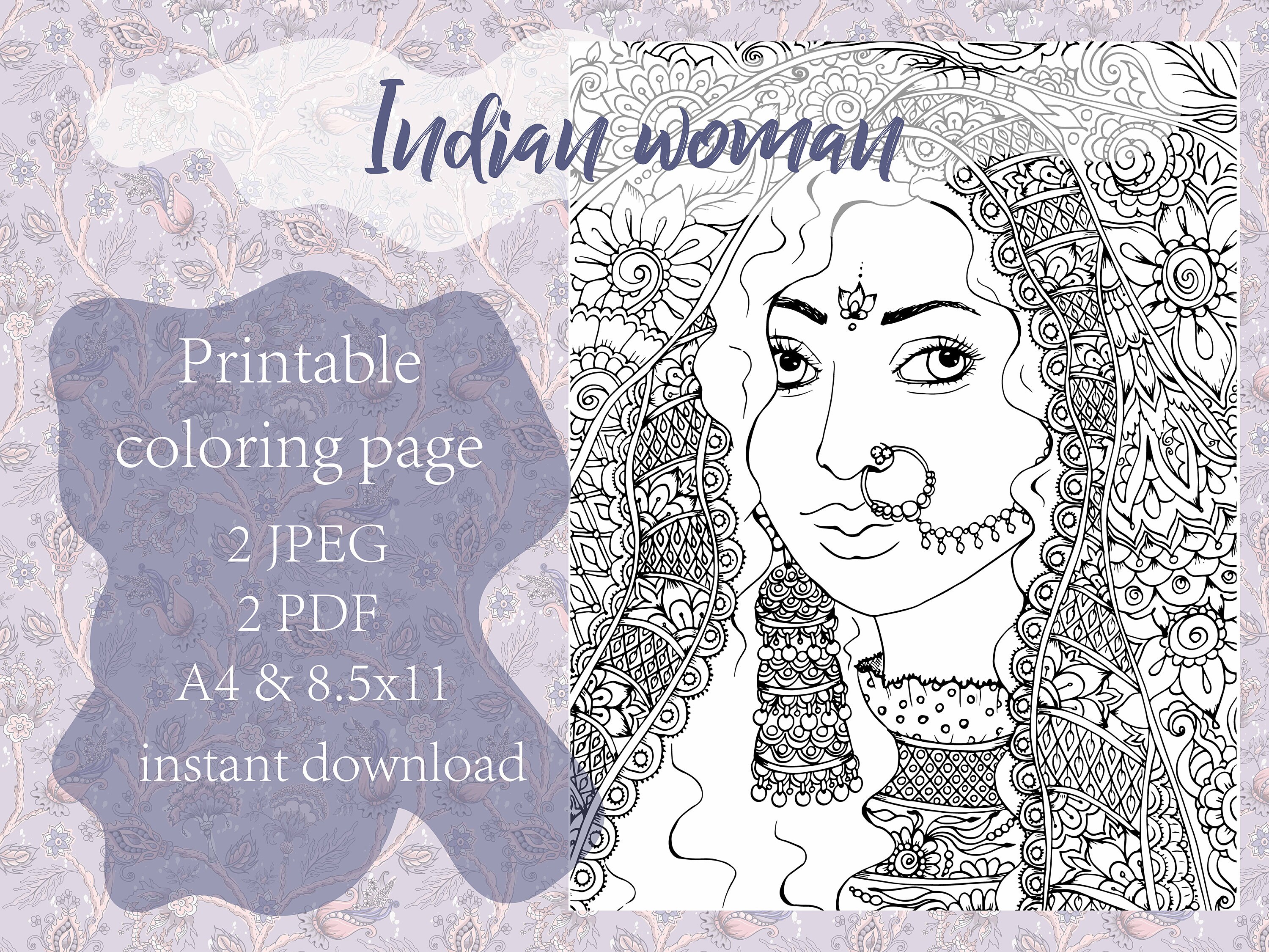 Printable Adult Coloring Book Page JPEG, PDF, Indian Woman Coloring Pages, Bollywood Woman, Indian Princess, Indian Queen Coloring Page