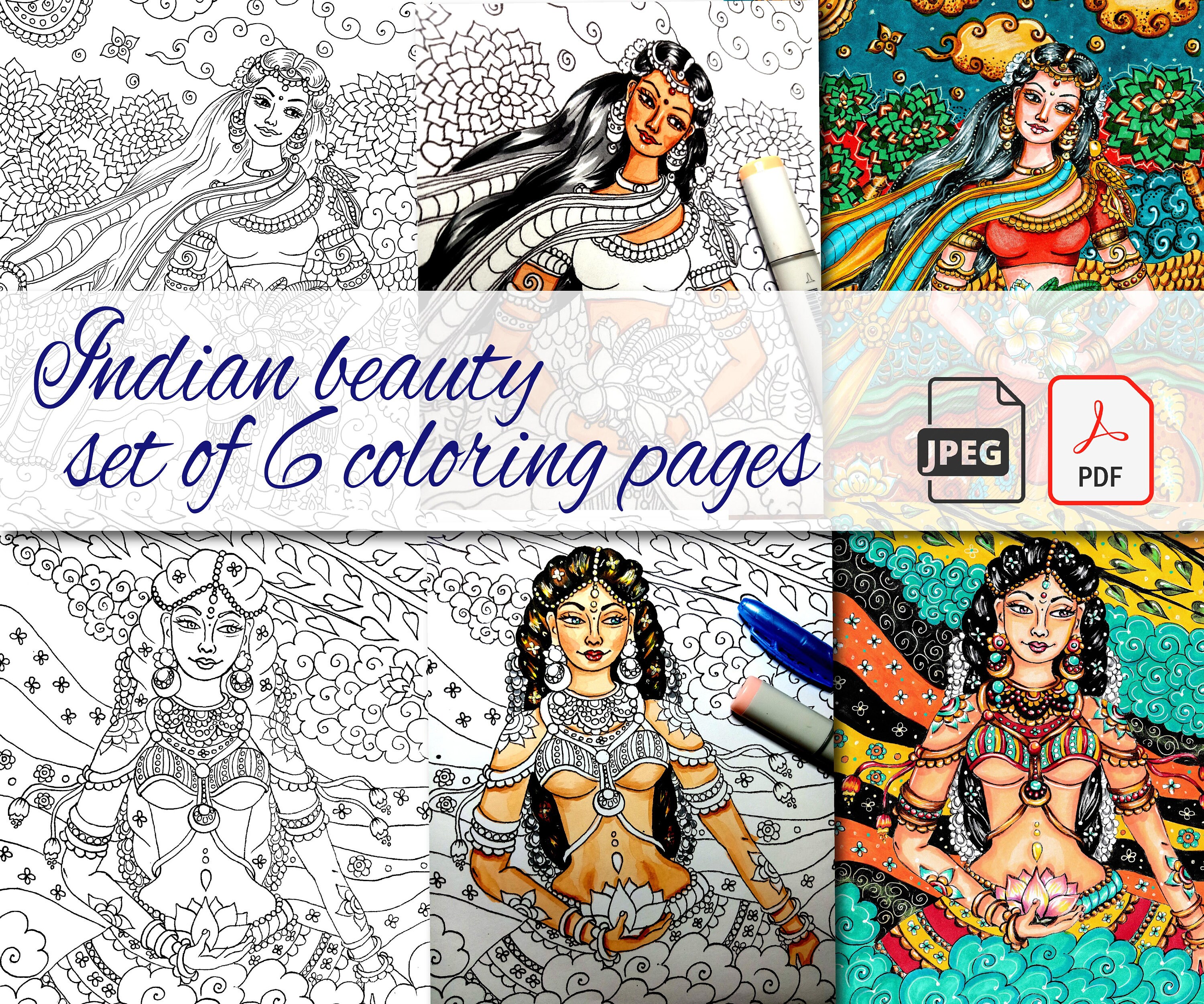Download Adult Coloring Book Pages Set Indian Women In Traditional Etsy