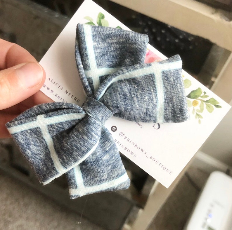 Baby girl Girls Fabric Bow Headband or Hair Clip- heathered blue grid Bow -nylon baby headband Toddler Baby headwraps
