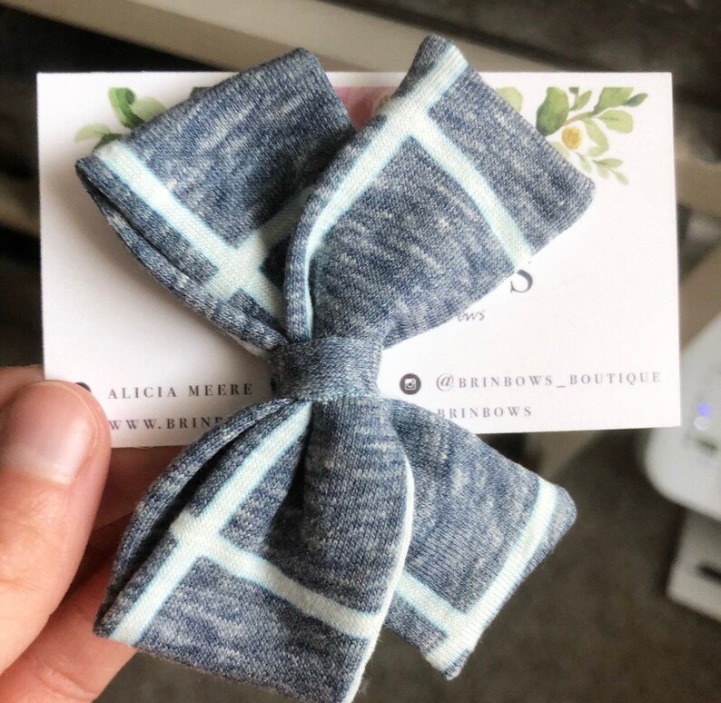 Baby girl Girls Fabric Bow Headband or Hair Clip- heathered blue grid Bow -nylon baby headband Toddler Baby headwraps