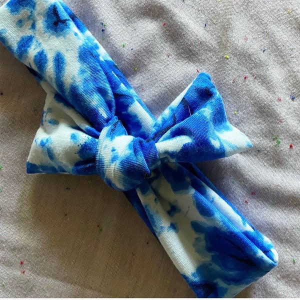 baby headwrap, baby girl, toddler, baby girl fabric bow headband or hair clip- blue tye dye bow, nylon headband