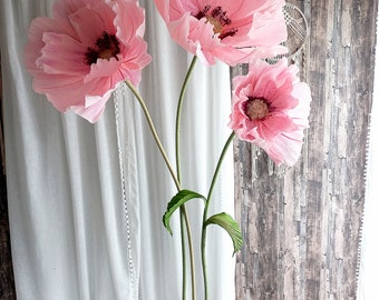 3 pièces, fleurs roses géantes sur pied, décoration de fenêtre, grande fleur en papier, gros coquelicots, support en papier mural avec vapeur et base en métal