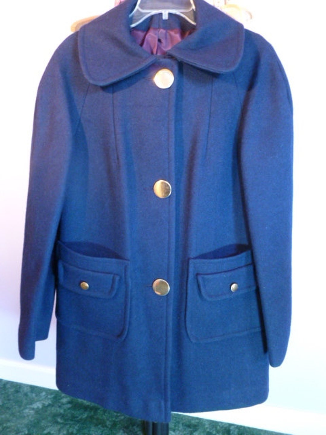 Vintage Women's Blue Wool Pea Coat Large Shiny Brass Look Etsy