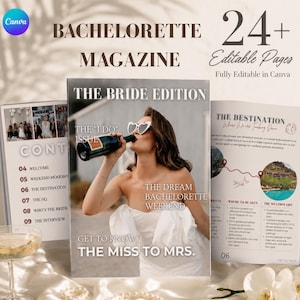 Junggesellinnenabschied-Magazin-Vorlage (bearbeitbar, Canva) | Individuelles Brautmagazin im Vogue-Stil | Ablaufplan für den Junggesellinnenabschied – Erinnerungsgeschenk für die Braut
