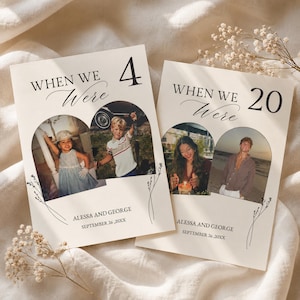 Może przedstawiać: Dwie prostokątne karty w kolorze złamanej bieli z napisem WHEN WE WERE 4 oraz WHEN WE WERE 20. Każda karta zawiera dwie łukowate ramki na zdjęcia z wizerunkami dziecka i młodej osoby dorosłej oraz imiona ALESSA AND GEORGE i datę SEPTEMBER 26, 20XX.