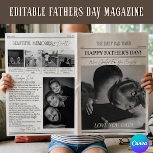 Può includere: Un modello di rivista modificabile per la festa del papà in bianco e nero intitolato The Daily Dad Times. Il layout presenta diverse cornici per foto e sezioni di testo con titoli come Beautiful Memories With Dad, Happy Father's Day e Love You Dad.
